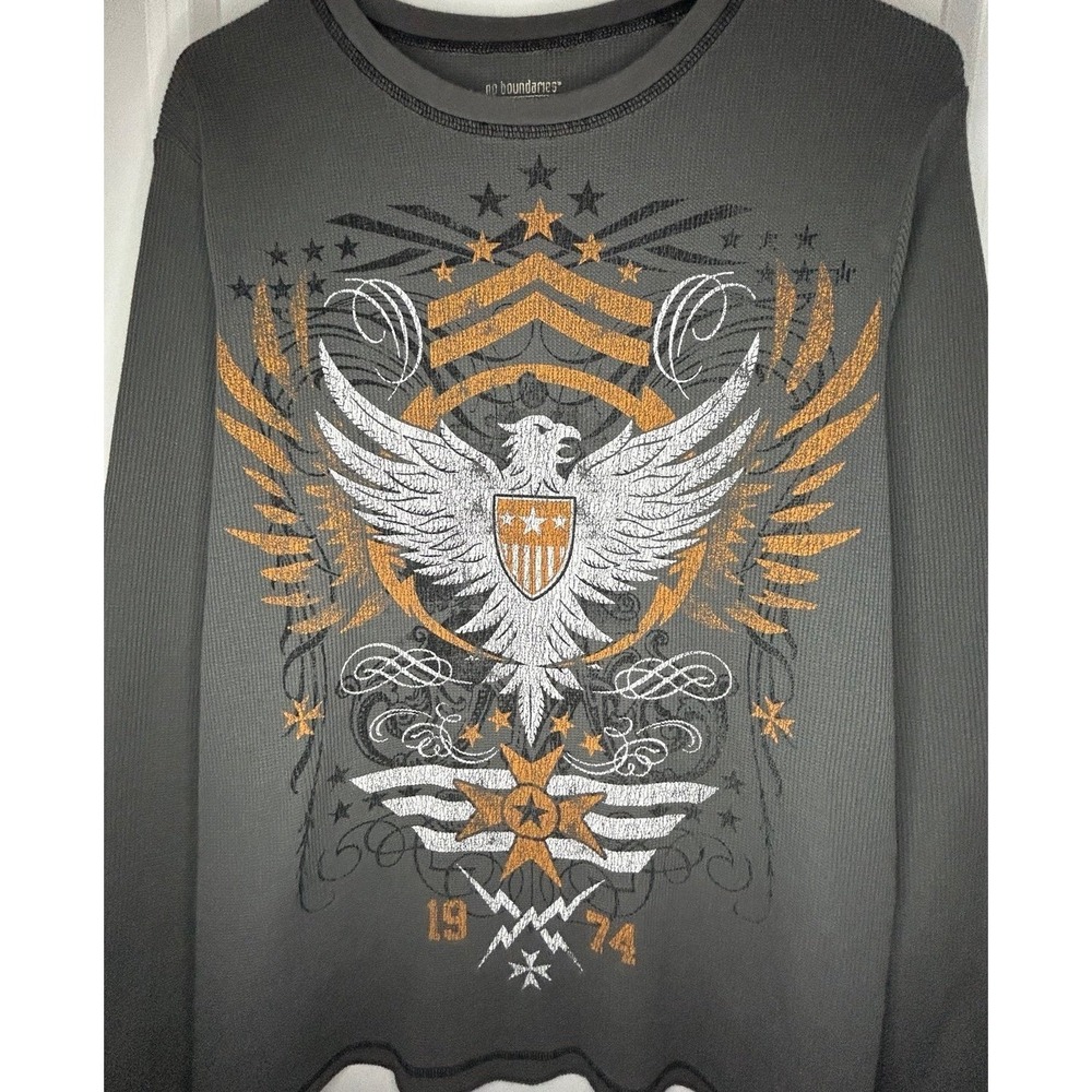 Vintage Y2k Affliction Style‎ Big Graphic Waffle Knit Thermal Long Sleeve Shirt